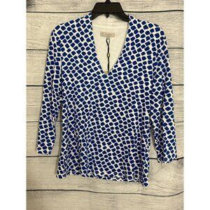 NWT Hobbs London V-Neck Blue & White Geometric Pattern Top Size L